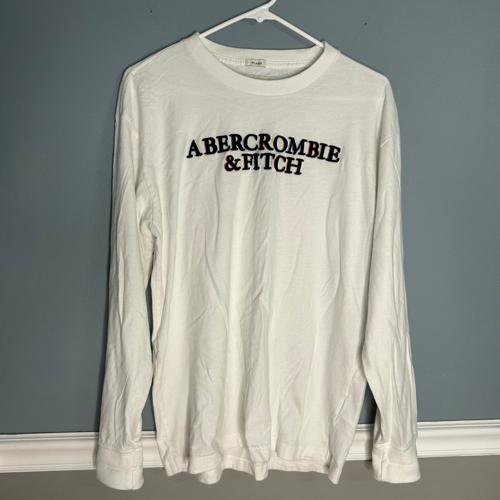 Abercrombie & Fitch Mens White Relaxed Embroidered Logo Long Sleeve Tee Shirt M